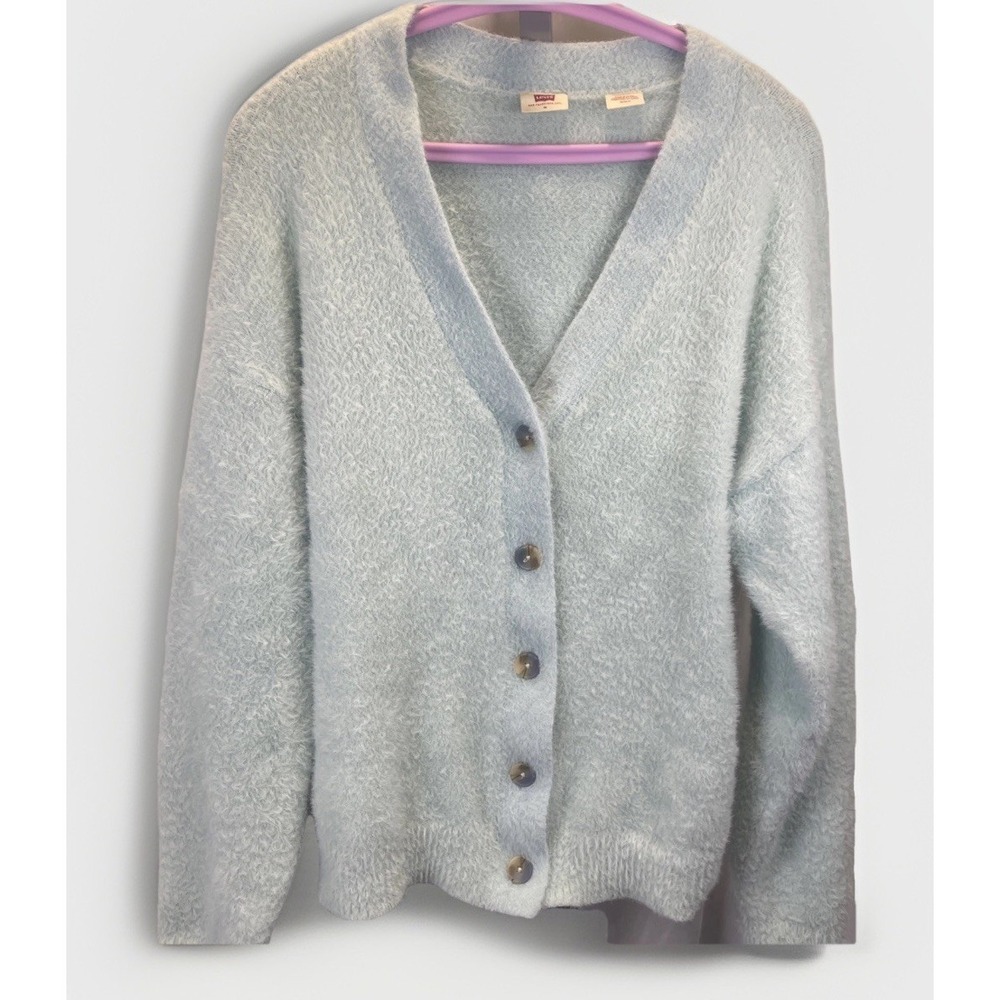 Levis Fuzzy Baby Blue/Green Cardigan Button Down Sweater Women M‎